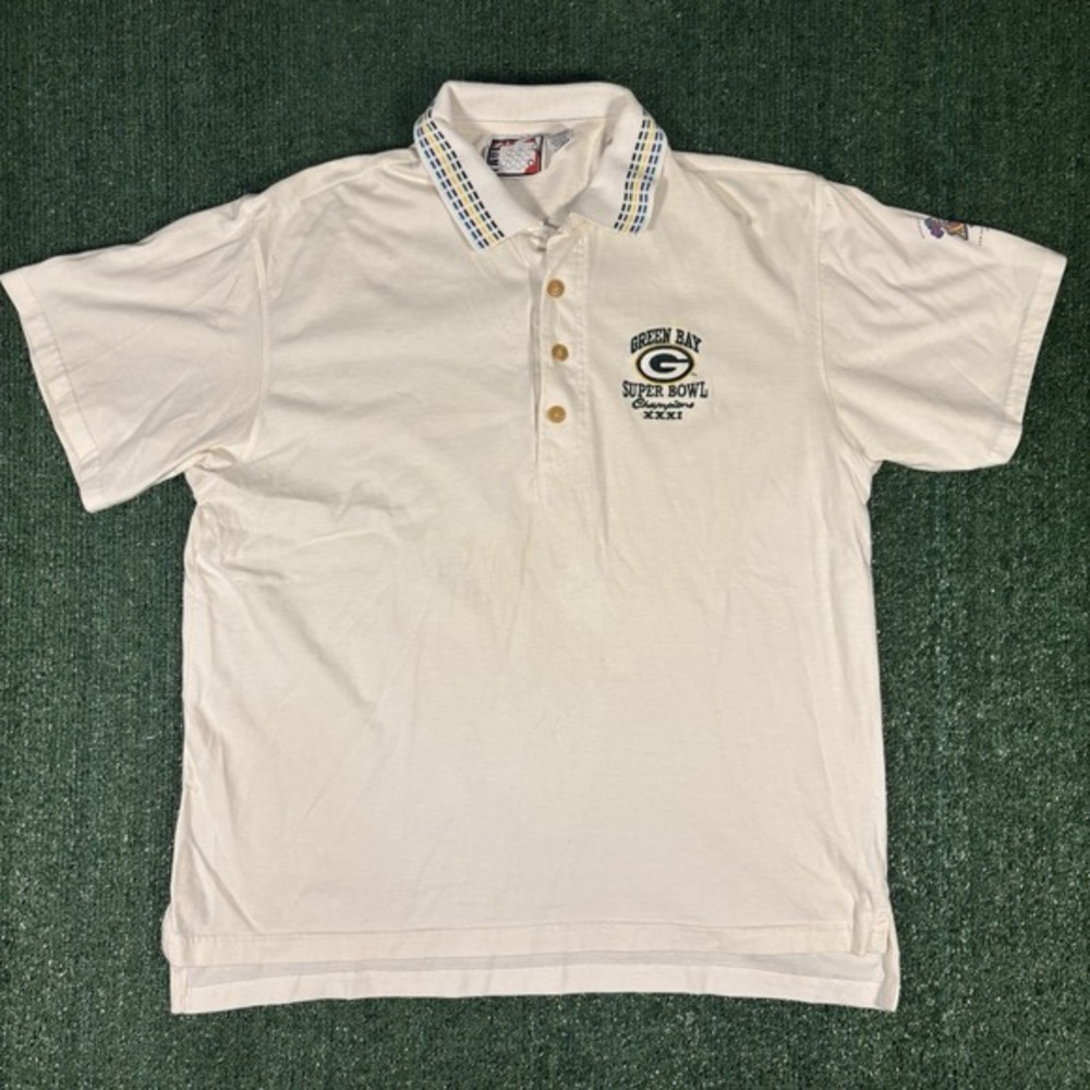 True Fan Polo Shirt Mens XL White Good Super Bowl XXXI Packers Champions Vintage